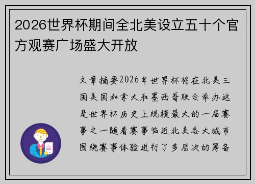 2026世界杯期间全北美设立五十个官方观赛广场盛大开放