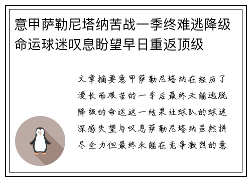意甲萨勒尼塔纳苦战一季终难逃降级命运球迷叹息盼望早日重返顶级